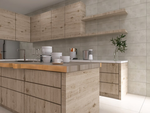 Kitchen interior design, appliances, kitchenware 3d render, 3d illustration