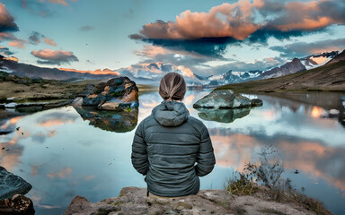 Young woman meditating on a wooden pier on the edge of a lake