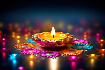 Indian traditional candles and oil lamps for happy Diwali celebration
