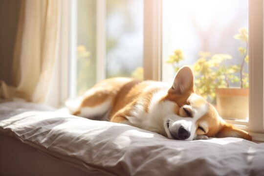 corgi dog lies by the window in and sleeps in the sun