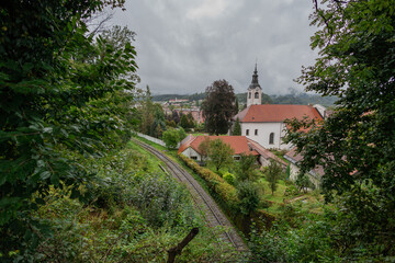 Train track leading between stations of Kamnik Mesto and Kamnik graben, looking towards north...