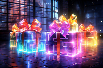 Rainbow neon gift boxes with bow on the background of bokeh effect. Generative AI
