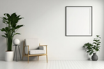 White-planked floor in a minimalist room with a mid-century armchair, indoor plants, and an empty frame mockup leaning against the wall. can be used for wallpaper mockups, art, prints, and photography