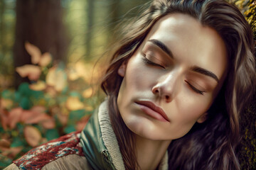 Tranquil Retreat: Brunette Woman Finds Serenity with Closed Eyes Amidst Nature's Embrace, ai generative