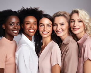 Fototapeta premium Beauty and unity, this diverse group of beautiful women of all skin tones and races together posing in the skin care ad campaign. A multiracial diverse group of women, inclusivity body positivity. 