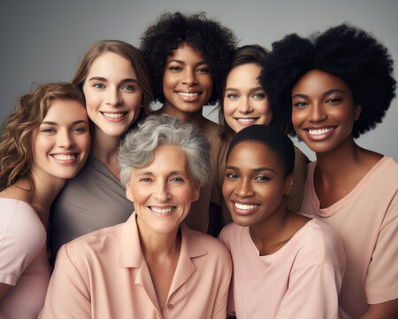 Beauty and unity, a diversety group of beautiful women of all skin tones and races together posing in the skin care ad campaign. A multiracial group of women, inclusivity face body positivity