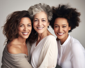 Beauty and unity, this diverse group of beautiful women of all skin tones and races together posing in the skin care ad campaign. A multiracial diverse group of women, inclusivity body positivity. 