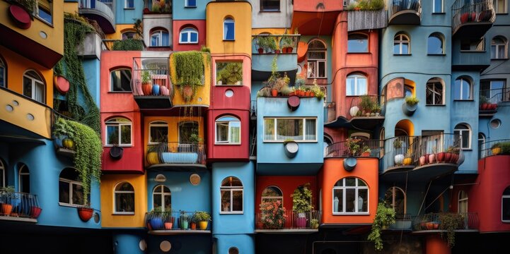 Bright and Colorful Facade: Hundertwasserhaus in Vienna, generative ai
