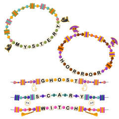 Happy Halloween collection of jewelry and children's ornaments. Set of bright colorful braided bracelets made of handmade plastic beads with words from the letters mystery, horror, ghost, scary, witch