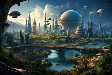 an alien city with spaceships flying over the water and buildings in the distance, as seen from above it
