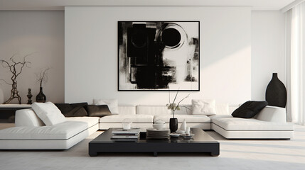 Clean Monochrome Palette: A white room with sleek, black furniture and art pieces, promoting a clean and minimalistic ambiance. Designers Briefing, atmosphere of art and minimalism