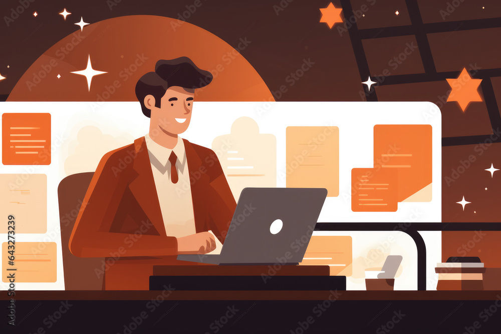 Poster man sitting in front of laptop computer, working or browsing internet. this image can be used to ill