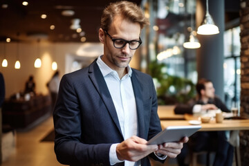 Man dressed in suit is focused on tablet device. This image can be used to depict business professionals using technology in workplace.