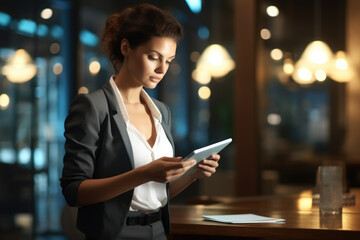 Woman in business suit is seen looking at tablet. This image can be used to represent technology, business, and modern work environments.