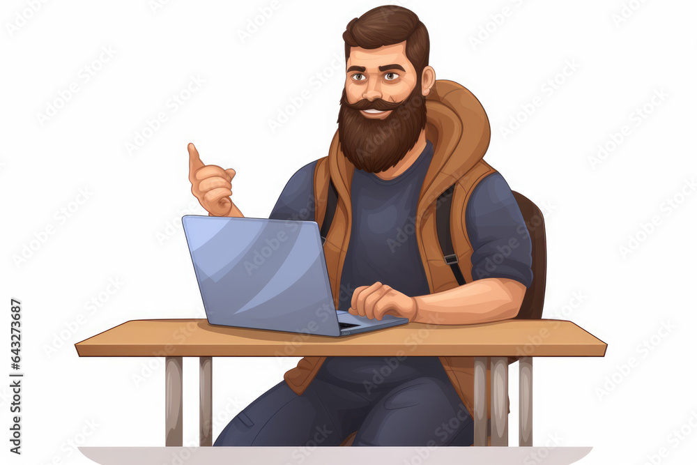 Poster man sitting at desk with laptop, working on his computer. this image can be used to depict concepts 