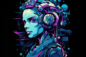 Woman wearing headphones stands in front of futuristic background. This image can be used to represent technology, music, or future.