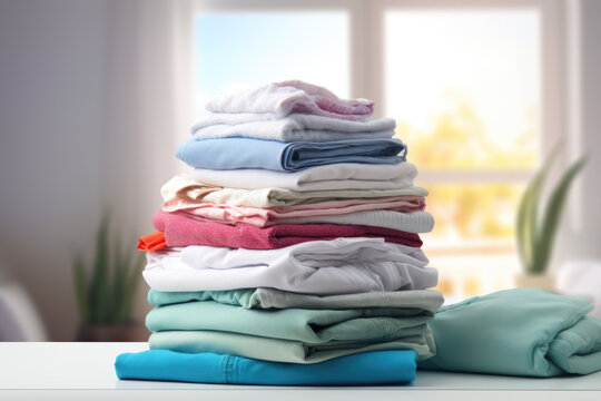 Stack of folded clothes sitting on top of table. Can be used for showcasing clothing items, organizing wardrobe, or laundry-related concepts.