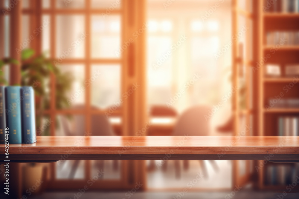 Poster wooden table with books placed on it, positioned in front of window. this versatile image can be use