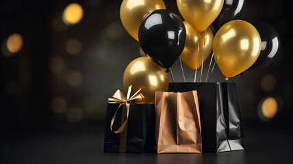 Fototapeta na wymiar shopping bags, gold brown and black, brown bags, for black friday, weddings, birthday, christmas, fancy, luxury, golden balloons in the background, premium look, fancy gift bags, rich