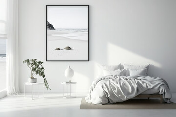 Interior poster mockup of a minimalist white bedroom featuring a beach scene and a hermit crab on a white wall. Generative AI