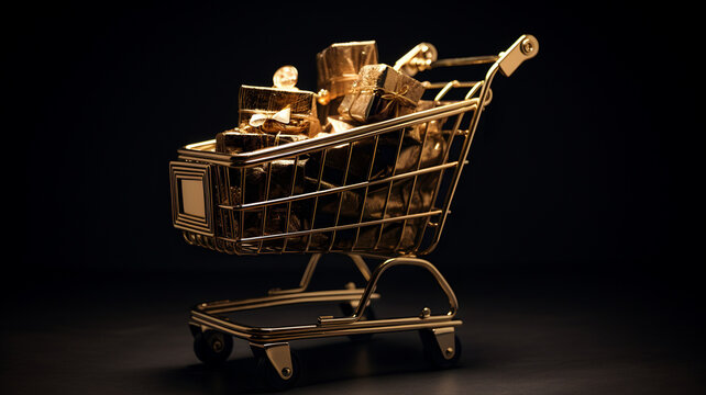 Gold Shopping Cart Filled With Gifts And Packages, Black Friday Sale, Private Sale Event, Online Sale, Shopping Bags,  Luxury Shopping, Black And Gold, On A Black Background, Christmas Shopping, Fancy