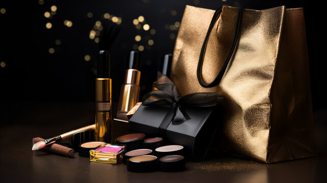 make up and bags for black friday, gold and black colors,  fancy, shopping, lipstick, mascara, golden bags, luxury product, brand, branding, packshot of feminine product, women
