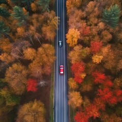 a car driving down a road in the middle of an autumn forest with red, orange and yellow trees on both sides