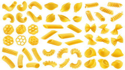 set of uncooked Italian Pasta, isolated on white background, full depth of field