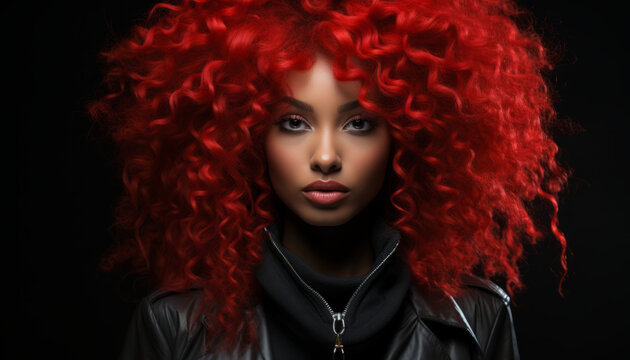 Fashion portrait of a beautiful girl model with red-haired hair, dark face of an afro woman. Made in AI