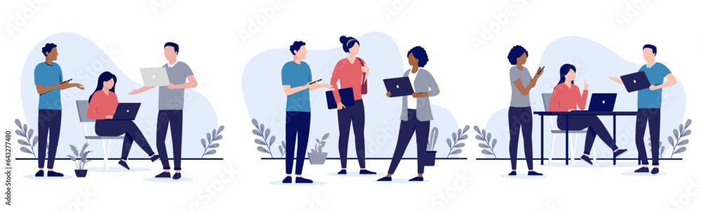 Poster people in office working collection - set of vector illustrations with businesspeople using laptop c