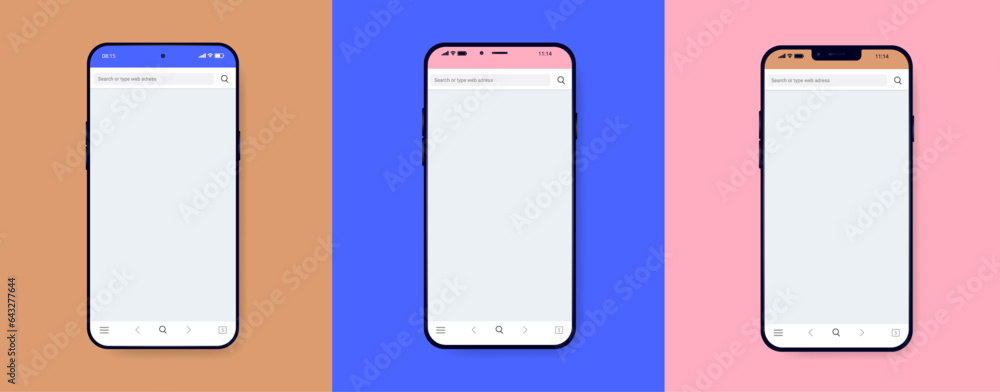 Leinwandbilder Phones with empty web browser collection - Set of unbranded smartphones with blank screen on coloured background. Flat design top view vector illustration