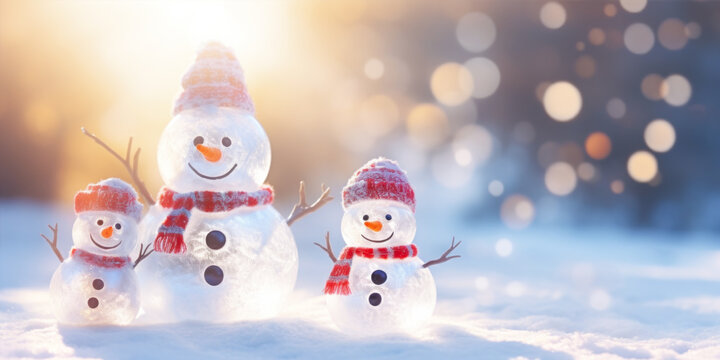 Snowman family on snow with bokeh background. Christmas and New Year concept