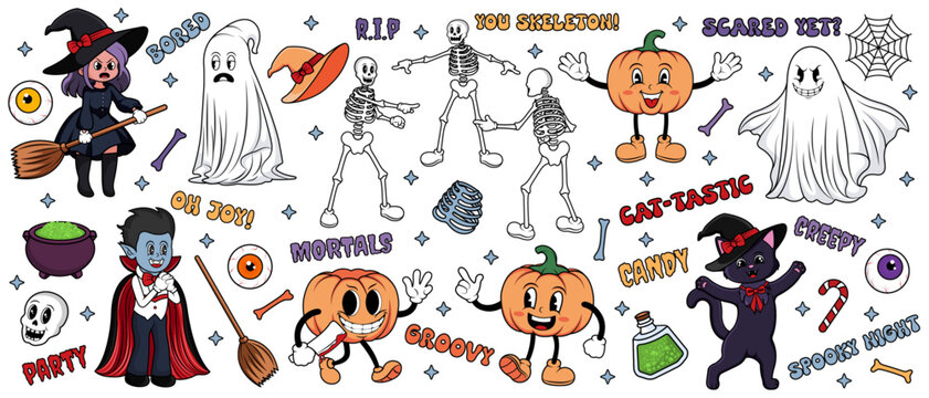 Set Collection of colorful cartoon groovy style characters and elements for Halloween. Witch, cat, ghost, vampire, pumpkins, skeletons, hat, eyes, skulls and bones, other. Part 1. Vector isolated