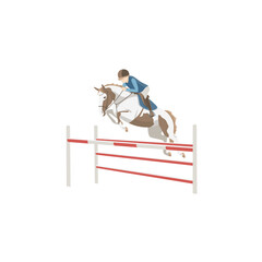 Young athlete on a piebald pony jumps over an obstacle