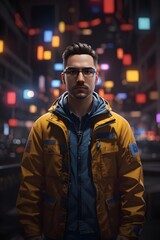Fototapeta premium Cyberpunk urban man in yellow jacket, young male wearing glasses in futuristic city night, cinematic portrait of man in neon street