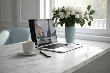 The marble table in the modern Scandinavian living room has stationery, flowers, and a laptop with a blank screen. Home office desk. Generative AI
