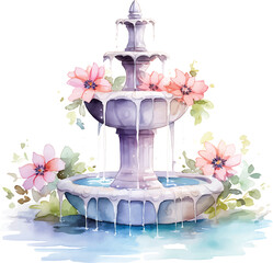A watercolor illustration of a fountain surrounded with flowers