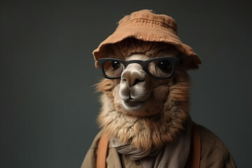 portrait of happy alpaca wearing glasses and touristic clothes