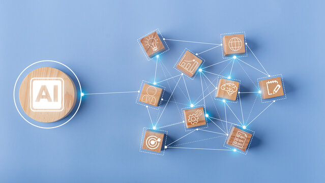 AI network with people. Wooden cube block with AI, Artificial Intelligence, System Artificial intelligence an artificial intelligence chatbot, Digital chatbot, robot application, conversation