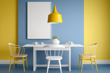 Poster mockup of a blue dining area with a yellow lamp above a wooden table and white chairs. Generative AI