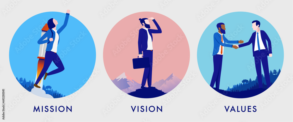 Leinwandbilder Business mission vision and values vector - Set of illustrations with core values metaphors in round frames. Flat design
