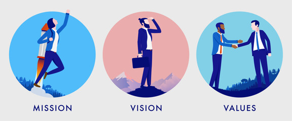 Business mission vision and values vector - Set of illustrations with core values metaphors in round frames. Flat design