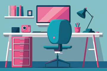 Table with computer and comfortable chair in office workspace design isolated blue and pink posters text sample. Generative AI