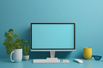 Blanks and a mock-up monitor are displayed against a blue wall. Generative AI