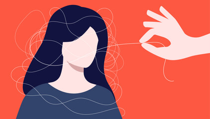 Psycho therapy woman - Vector illustration of female person getting help and treatment for mental health problem and issues. Flat design with red background