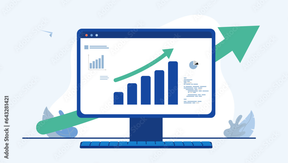 Aufkleber Rising chart on computer screen - Vector illustration of desktop with diagram and green arrow pointing up. Flat design
