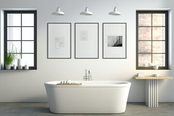 Fototapeta na wymiar Five framed posters hang over the ceramic bathtub in this contemporary bathroom. wooden floors. a window with a view. Nobody here. a mockup. Generative AI