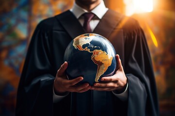 College graduate with planet Earth in his hands