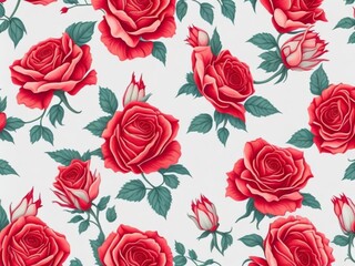 Seamless pattern with pale roses and red flowers on white background

