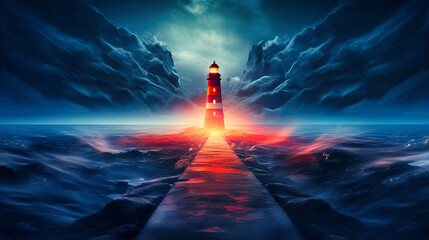 Neon lighthouse beacon guiding through a glowing fog - obrazy, fototapety, plakaty